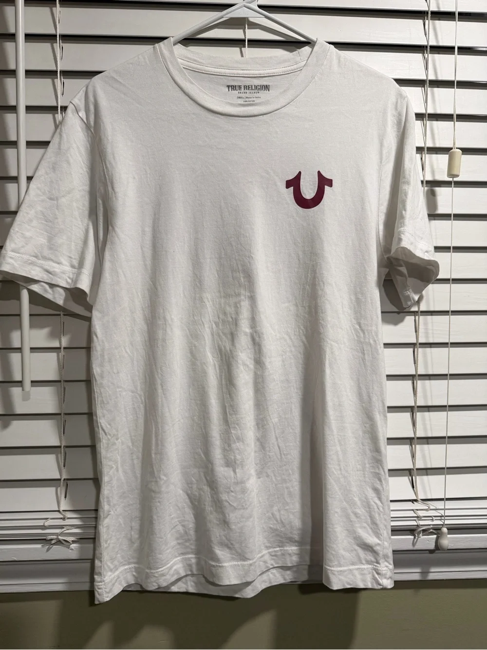 True Religion White Short Sleeve Tee with Burgundy Horseshoe Logo